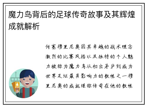 魔力鸟背后的足球传奇故事及其辉煌成就解析 魔力鸟背后的足球传奇故事及其辉煌成就解析