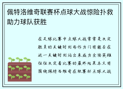 佩特洛维奇联赛杯点球大战惊险扑救助力球队获胜